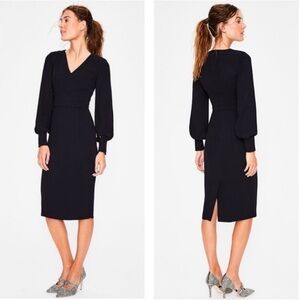 Boden Black Sheath Midi Dress with Bishop Sleeves